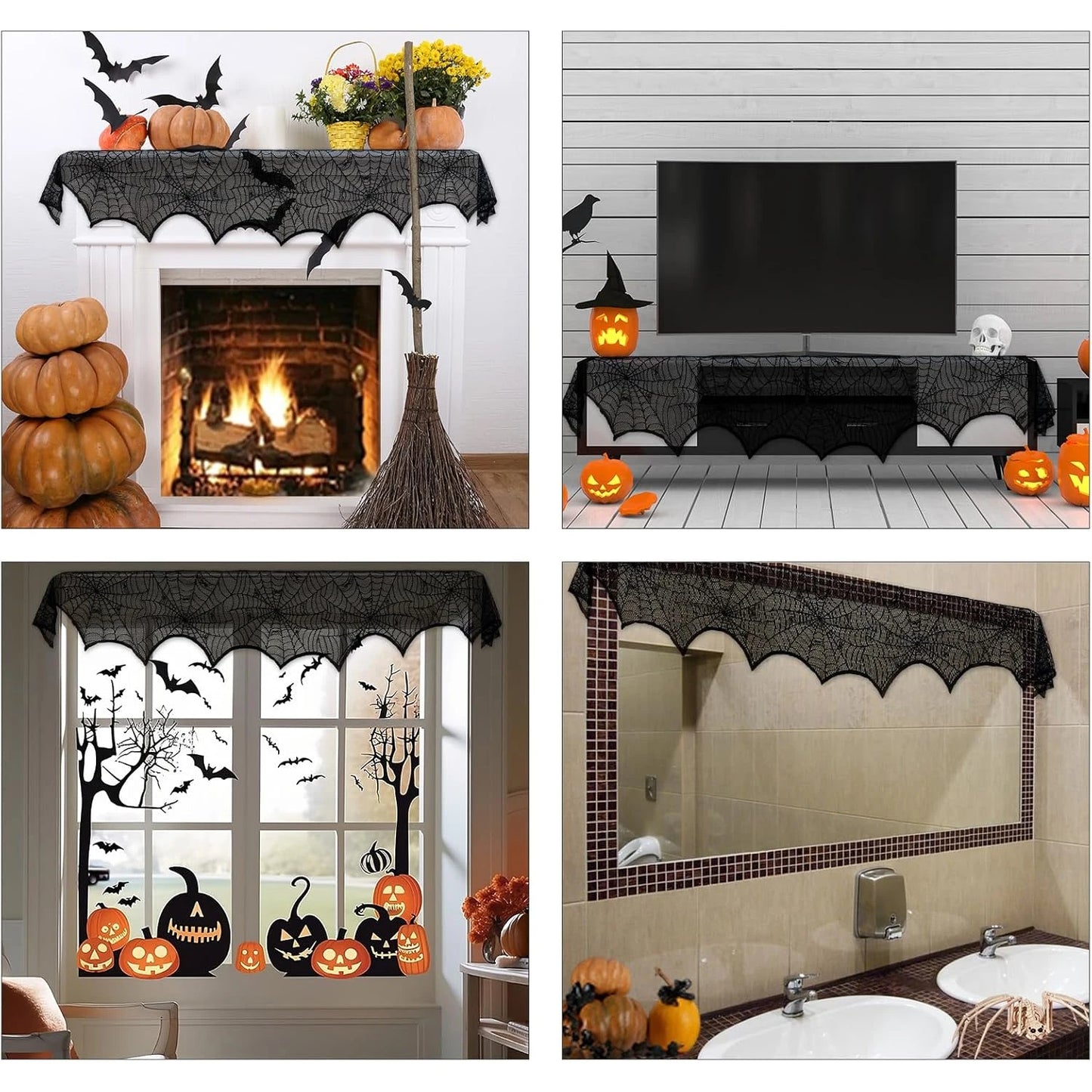 Halloween Decoration Black Lace Spiderweb Fireplace Mantle Scarf Cover Festive Party Supplies 45 X 243cm 18 x 96 inch